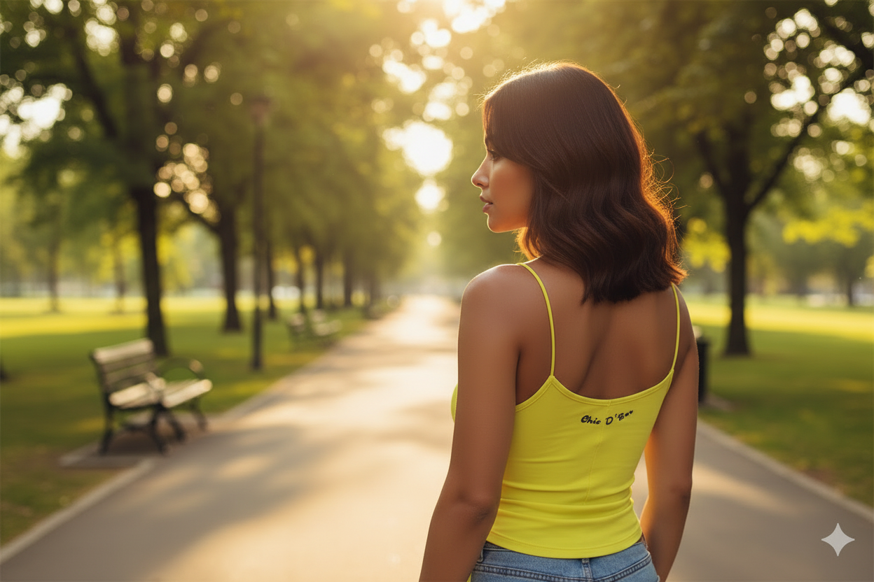 Woman in a yellow tank top and blue jeans standing in a park with trees and benches.