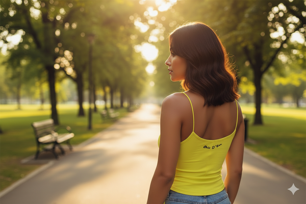 Woman in a yellow tank top and blue jeans standing in a park with trees and benches.